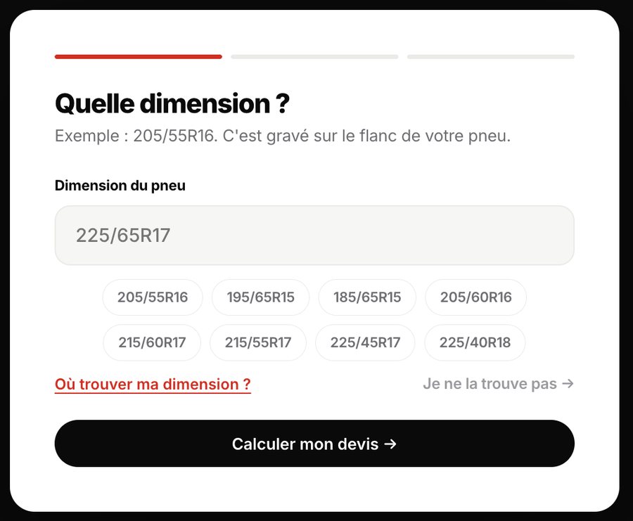 Premier écran du tunnel : le visiteur saisit sa dimension, avec des suggestions courantes et une aide pour la trouver