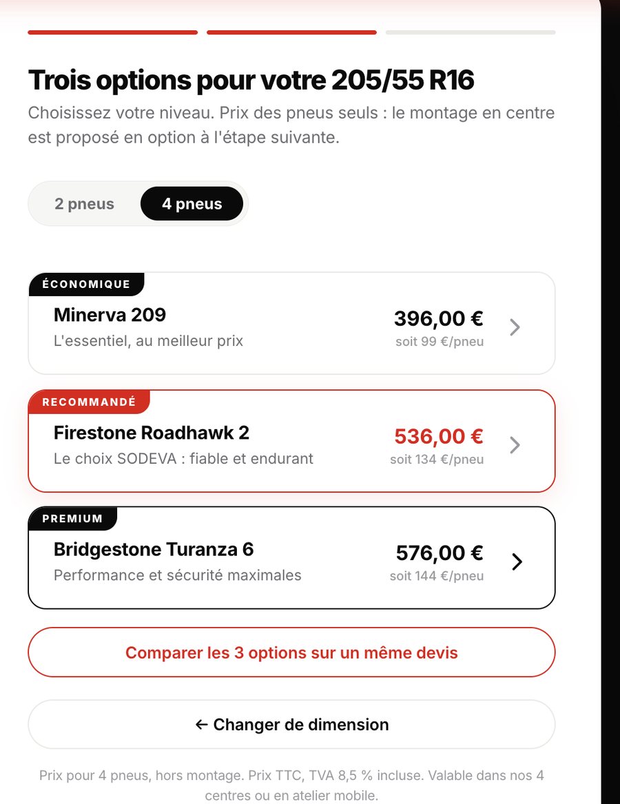 Deuxième écran : trois niveaux de prix proposés, économique, recommandé et premium, avec le prix à l'unité