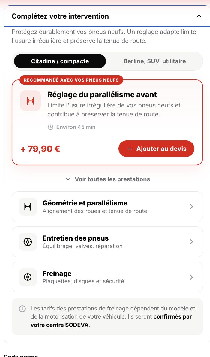 Troisième écran : prestations complémentaires proposées avec leur durée et leur prix, et champ de code promo