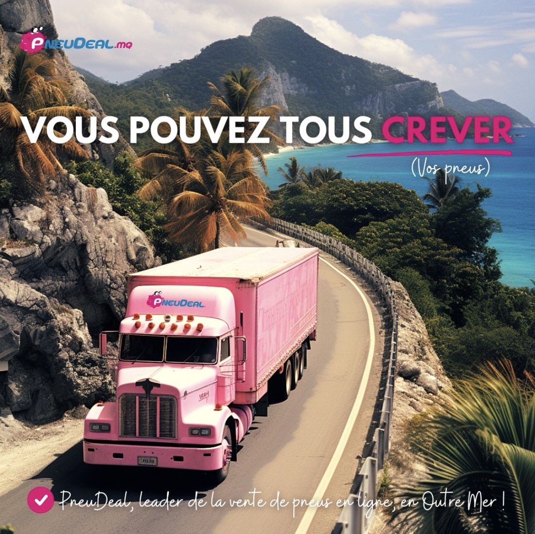 Campagne de notoriété PneuDeal, camion de livraison sur une route côtière