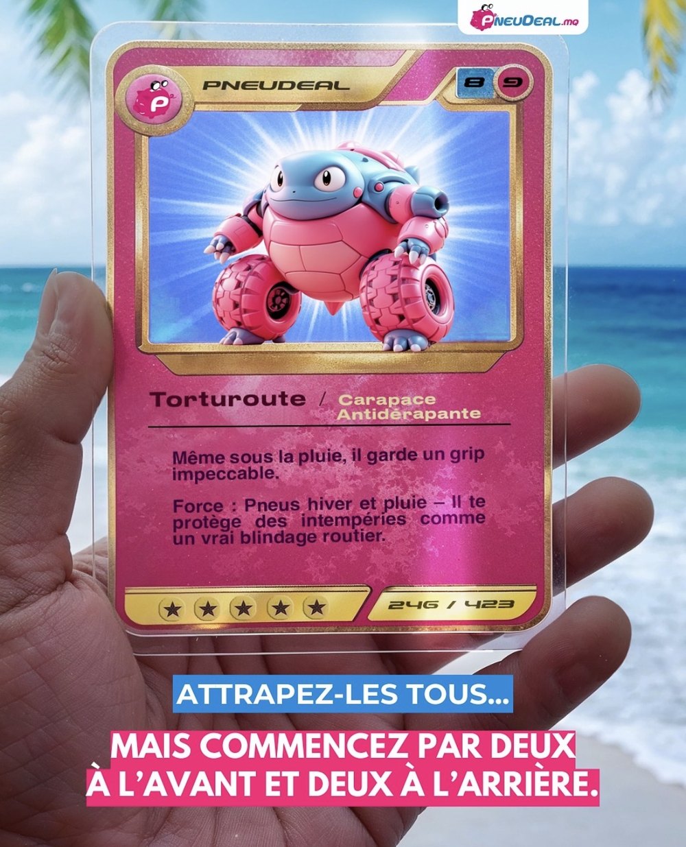 Carte à collectionner PneuDeal, Torturoute, tenue au creux d'une main devant la mer