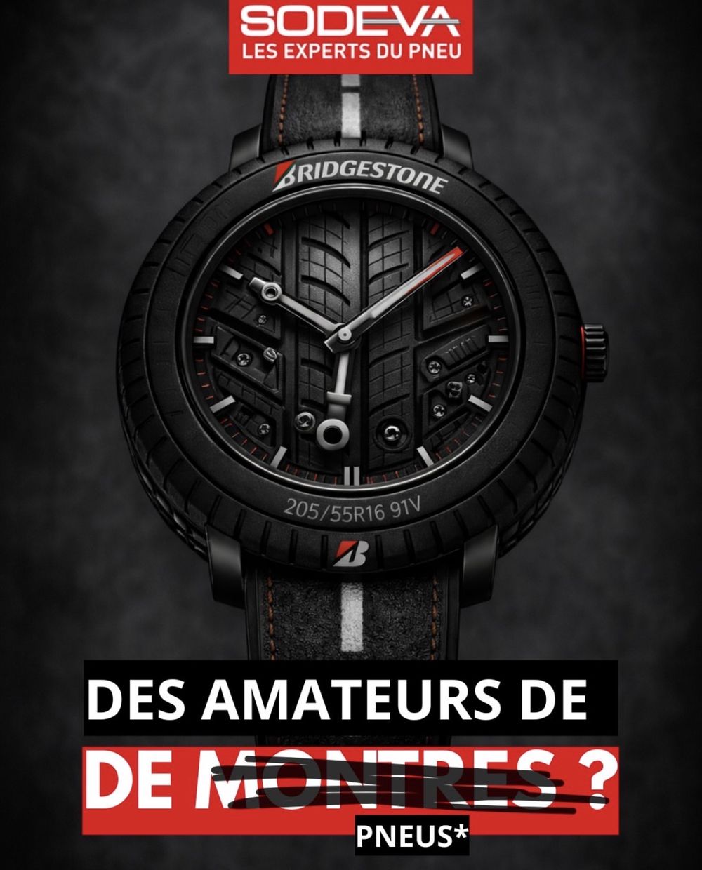 Visuel SODEVA détournant une montre dont le cadran est une bande de roulement