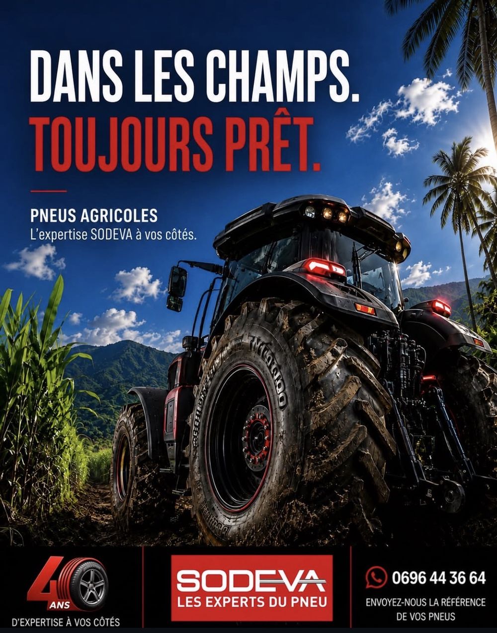 Campagne SODEVA pneus agricoles, tracteur dans un champ de canne