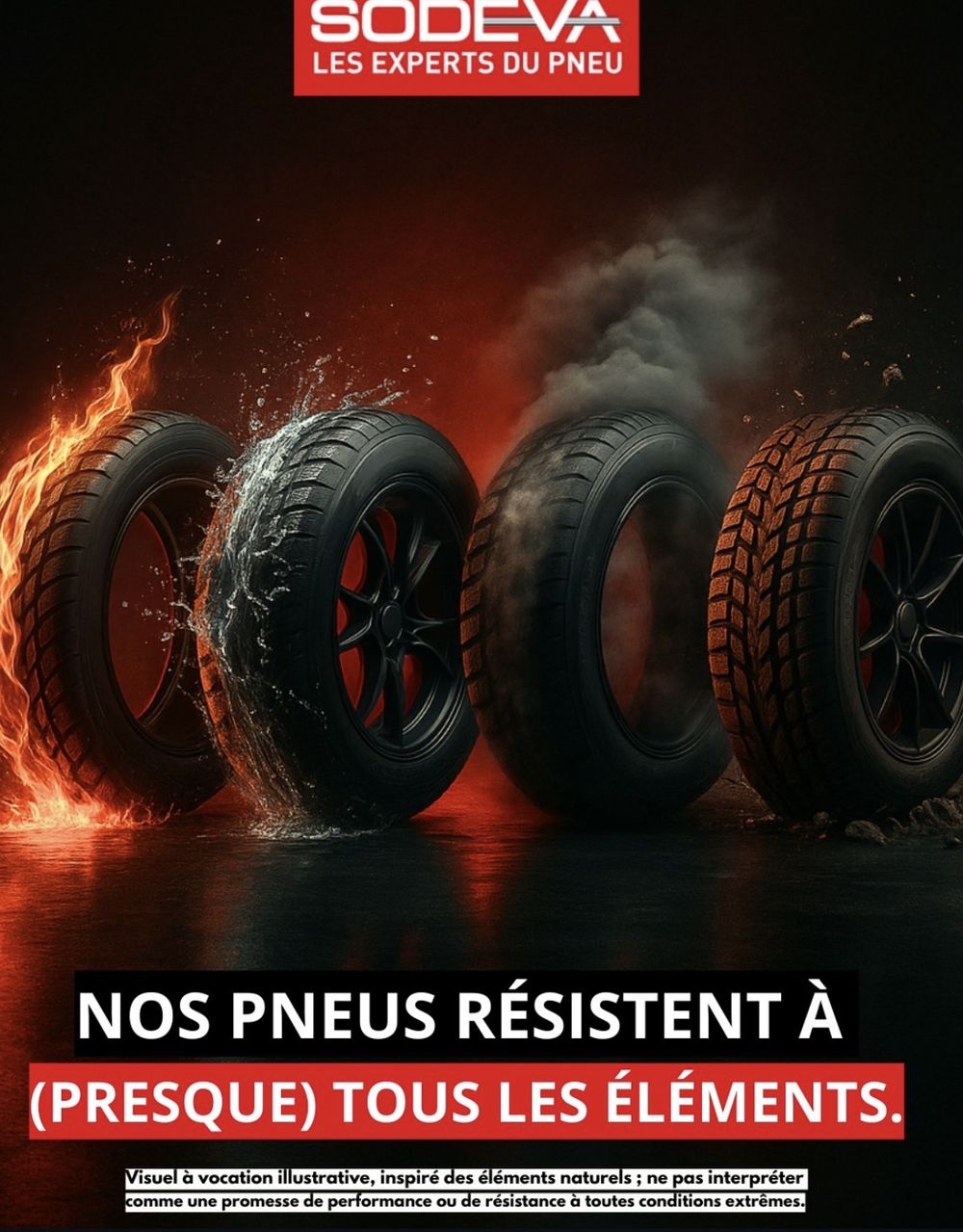 Visuel SODEVA de gamme, quatre pneus associés à quatre éléments